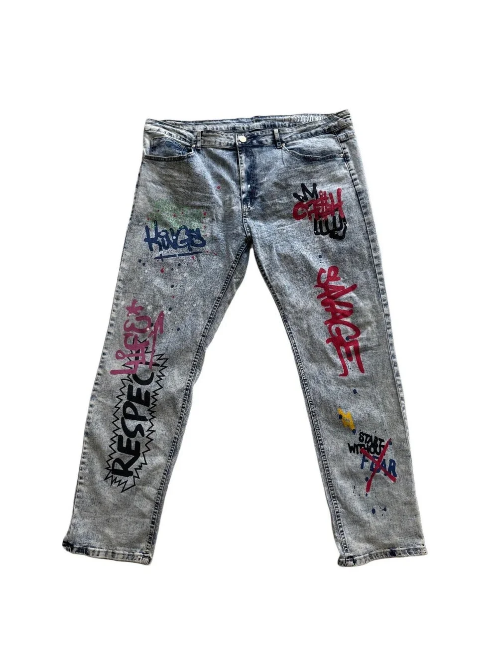 Y2K Argonaut Nation Graffiti Jeans Men’s 42x32 Streetwear Distressed Splatter